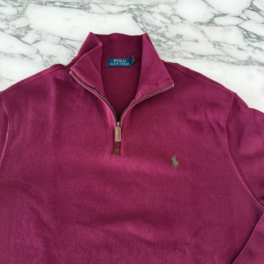 Polo Ralph Lauren Maroon Cotton Men's Pullover Sweater with half Zip, Large‎